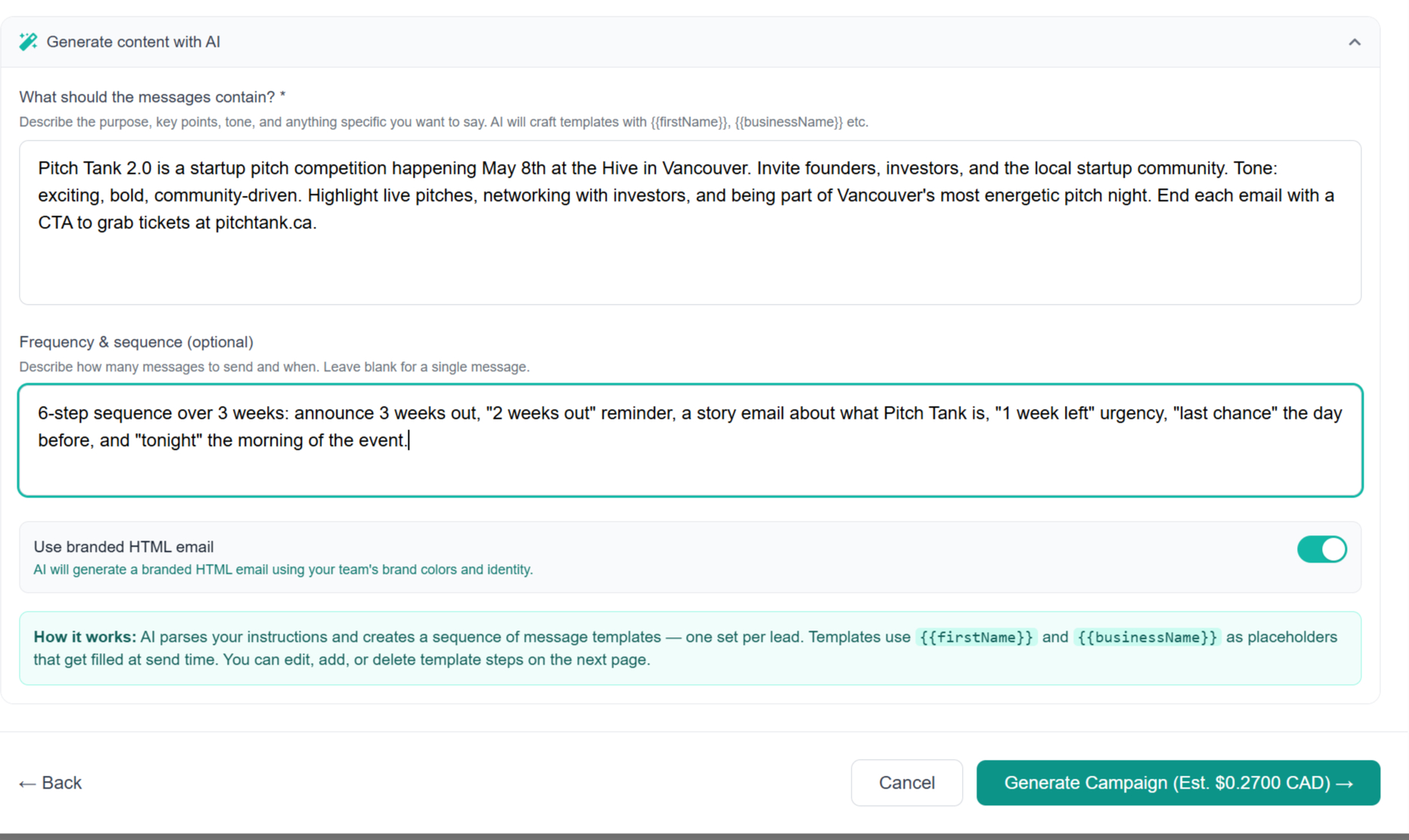 OutboundHQ Campaign Generator filled out for Pitch Tank 2.0 — content prompt, frequency sequence, and HTML email toggle enabled